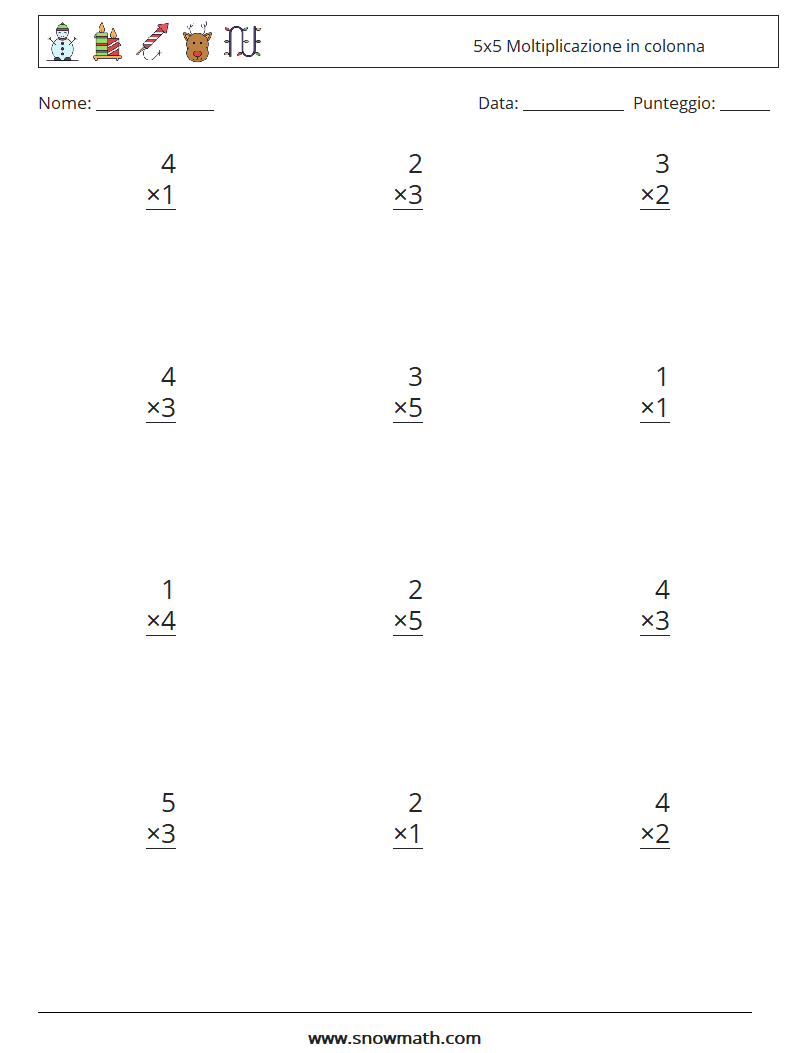 (12) 5x5 Moltiplicazione in colonna Fogli di lavoro di matematica 9