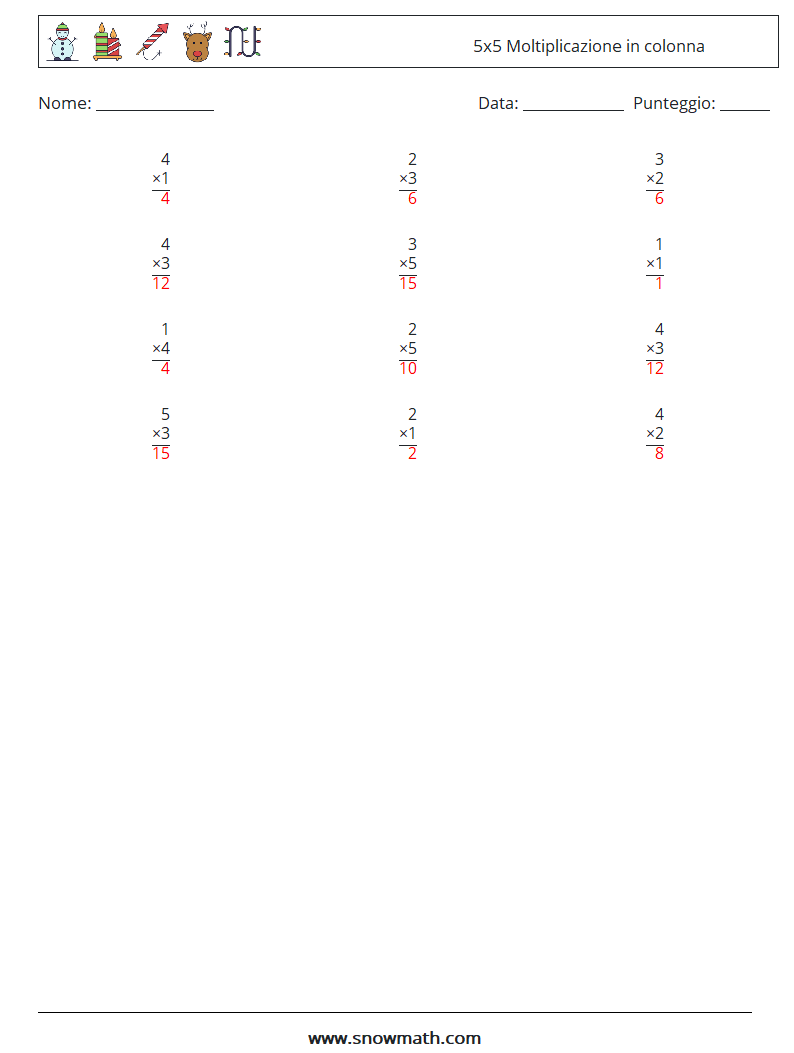 (12) 5x5 Moltiplicazione in colonna Fogli di lavoro di matematica 9 Domanda, Risposta