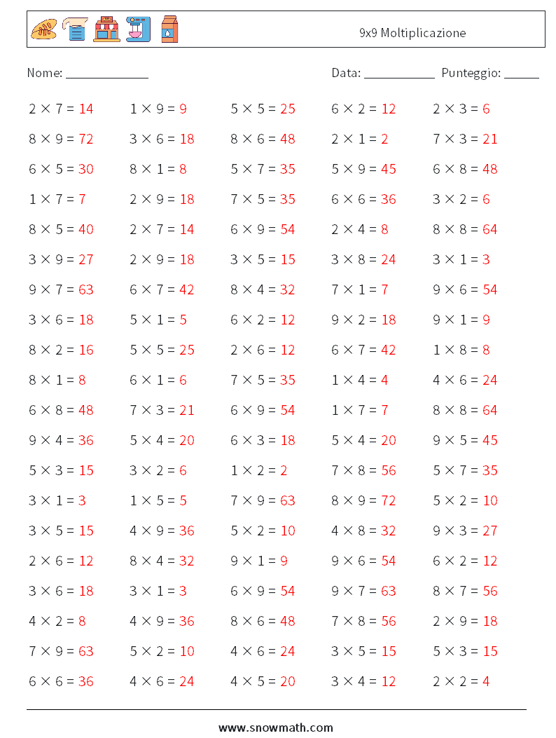 (100) 9x9 Moltiplicazione Fogli di lavoro di matematica 1 Domanda, Risposta