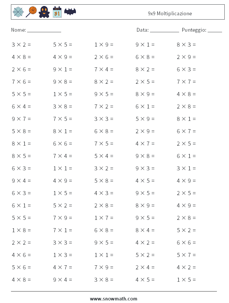 (100) 9x9 Moltiplicazione Fogli di lavoro di matematica 2