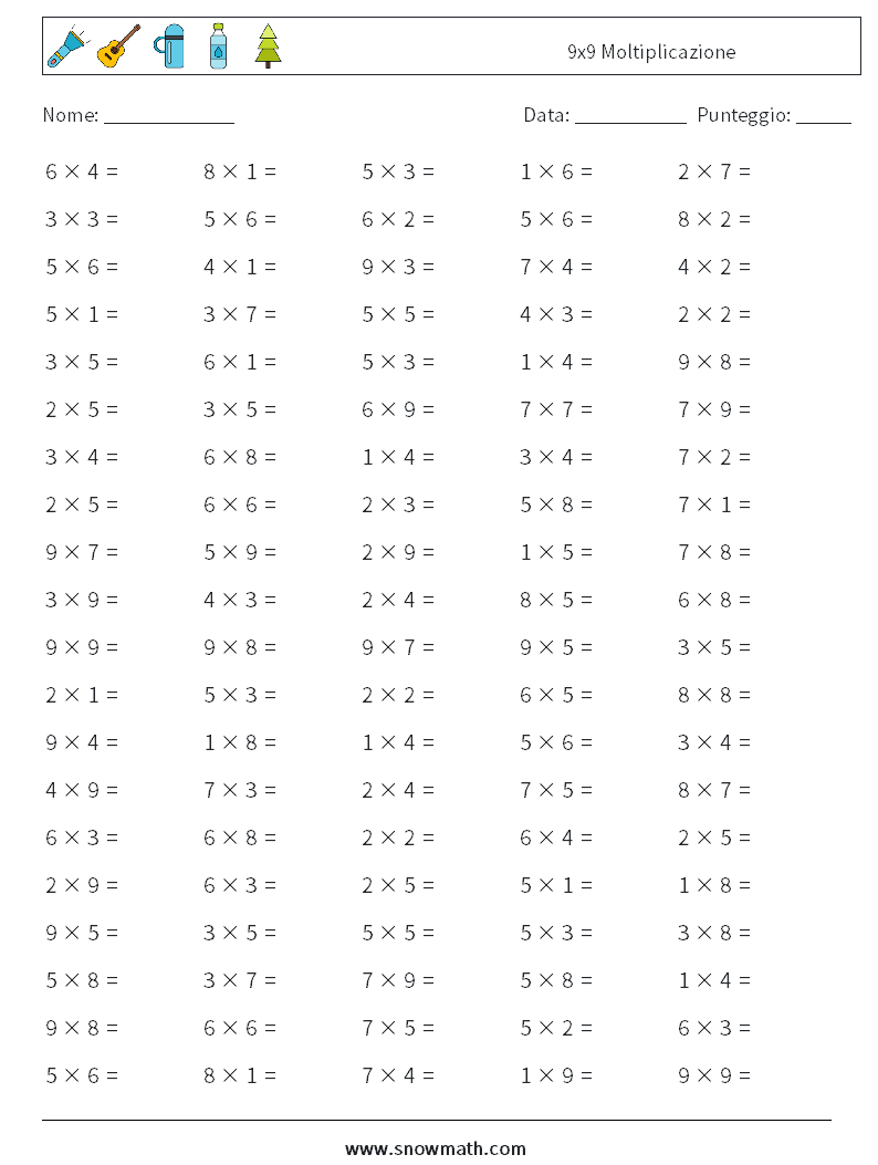 (100) 9x9 Moltiplicazione Fogli di lavoro di matematica 3