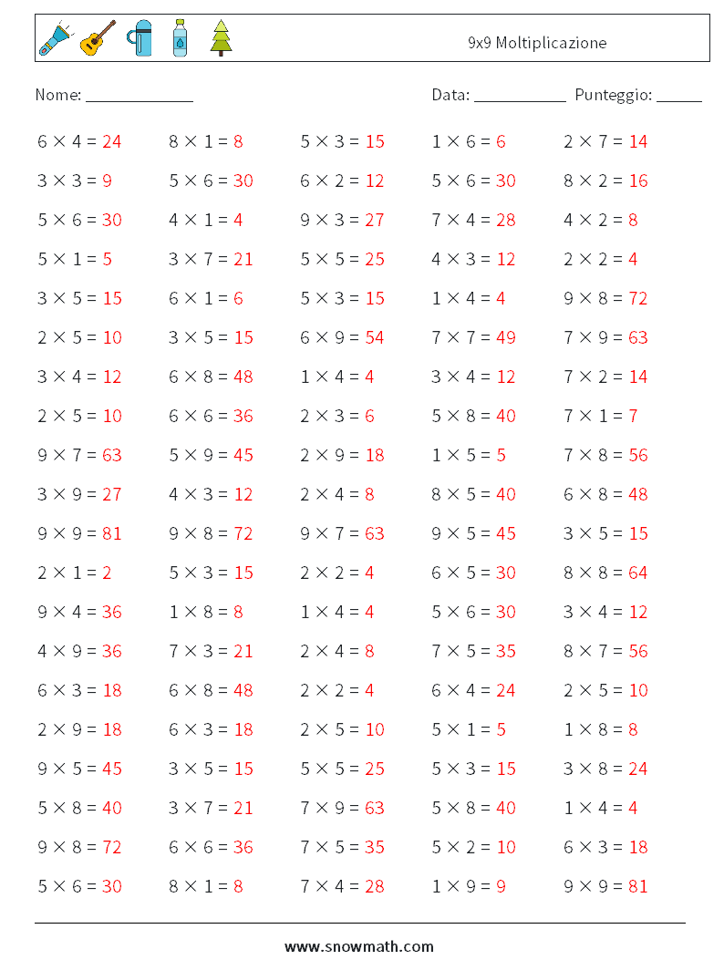 (100) 9x9 Moltiplicazione Fogli di lavoro di matematica 3 Domanda, Risposta