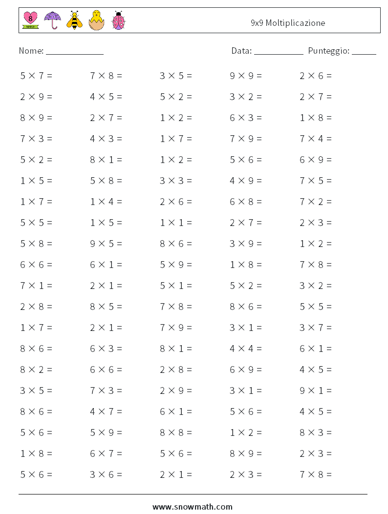 (100) 9x9 Moltiplicazione Fogli di lavoro di matematica 4