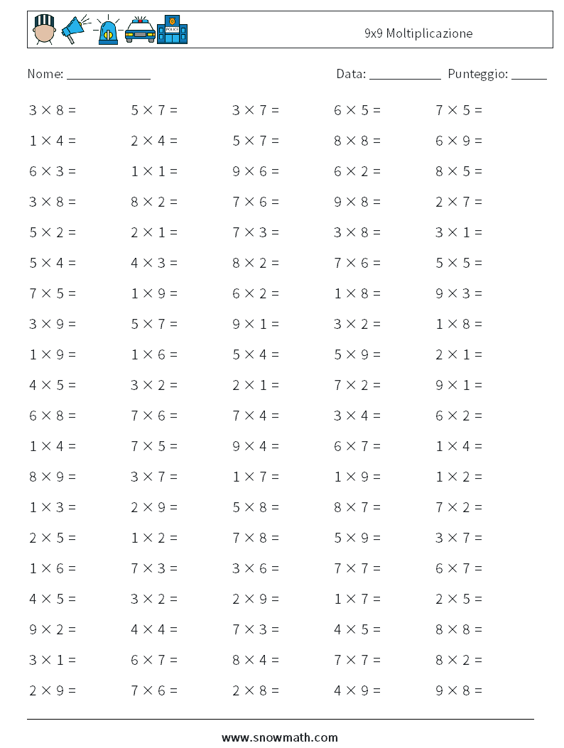 (100) 9x9 Moltiplicazione Fogli di lavoro di matematica 7