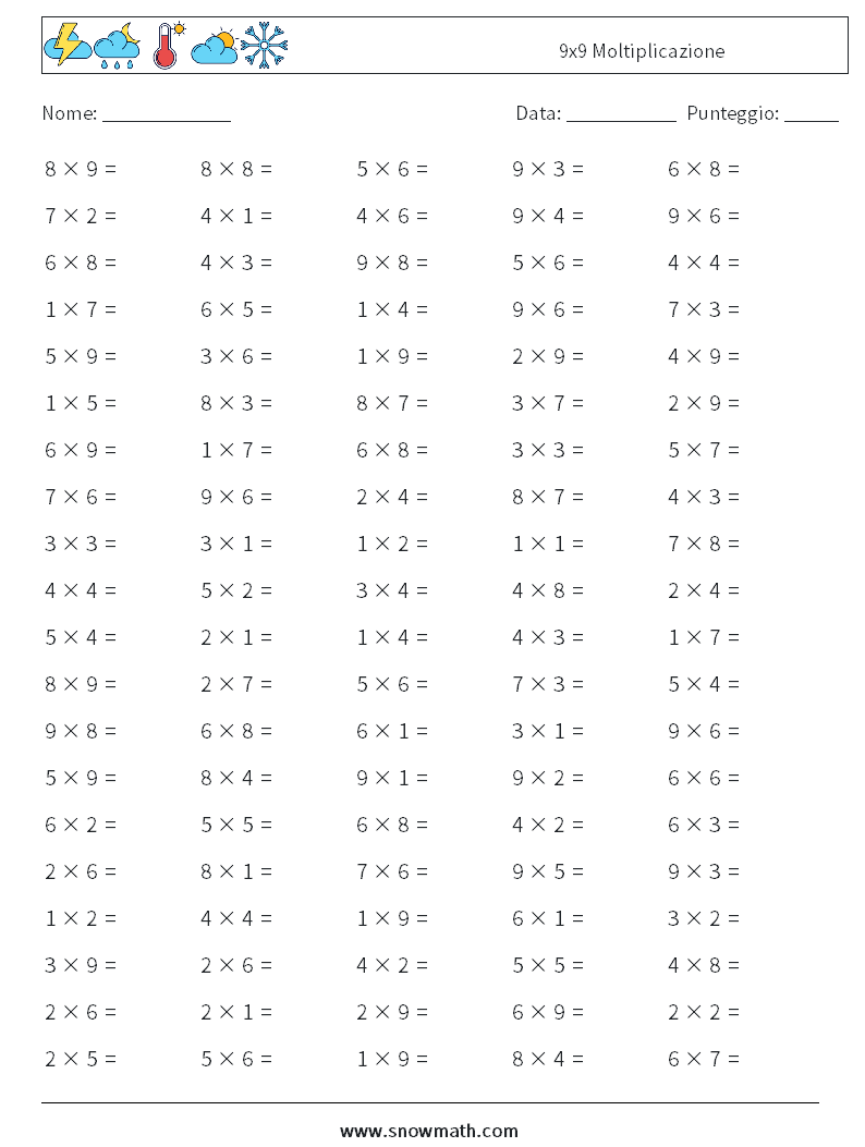 (100) 9x9 Moltiplicazione Fogli di lavoro di matematica 9