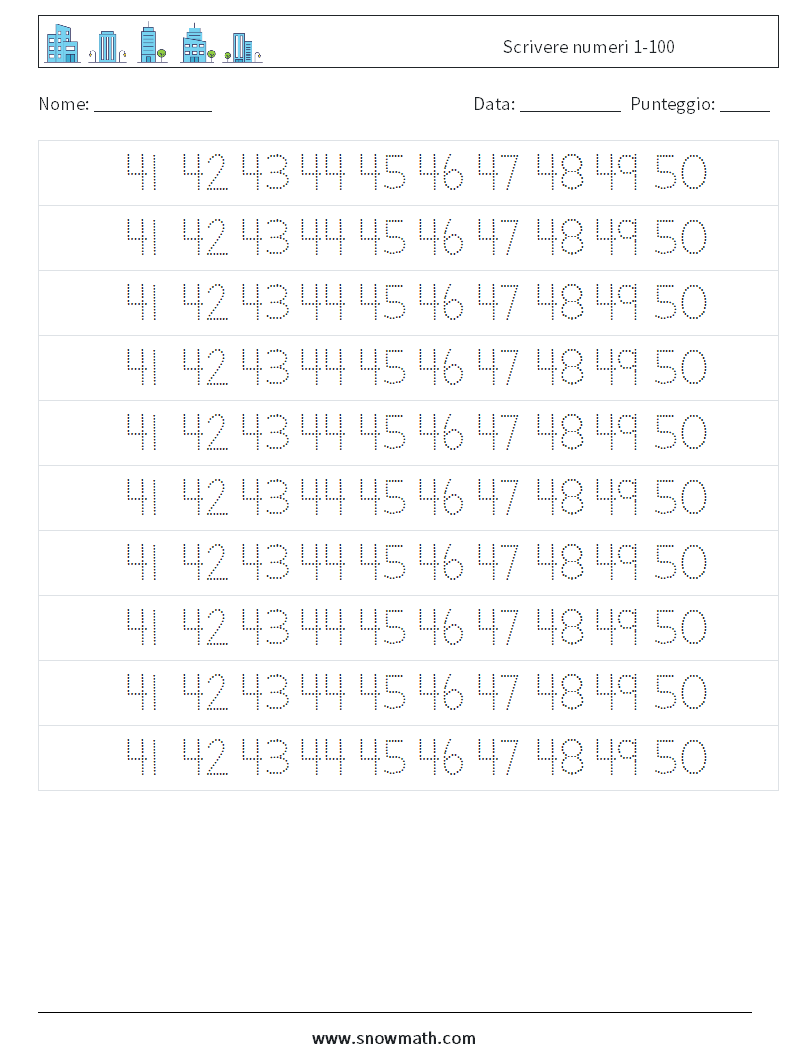 Scrivere numeri 1-100 Fogli di lavoro di matematica 29