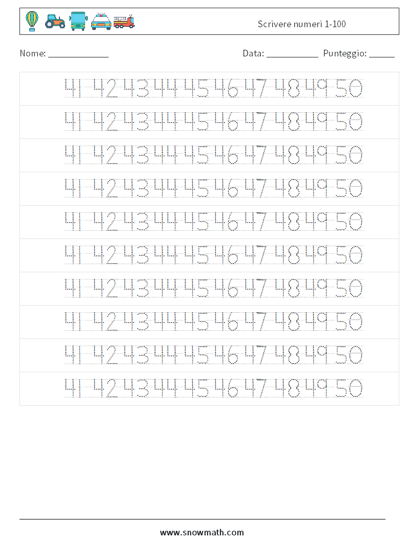 Scrivere numeri 1-100 Fogli di lavoro di matematica 30