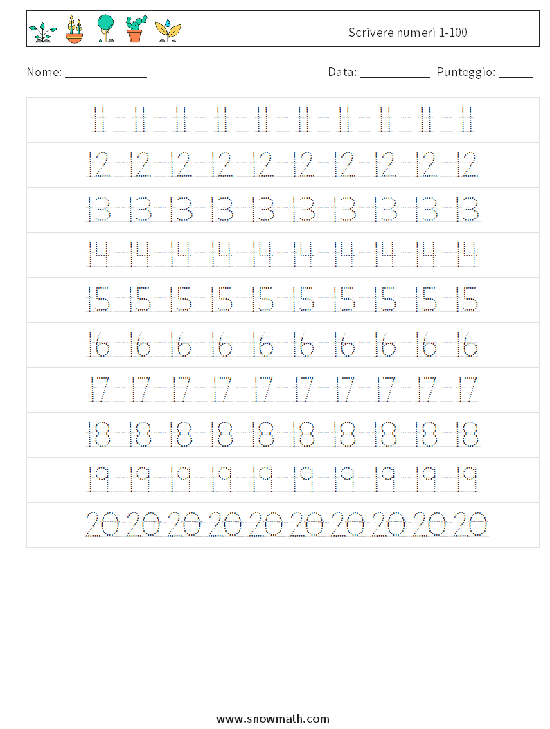 Scrivere numeri 1-100 Fogli di lavoro di matematica 4