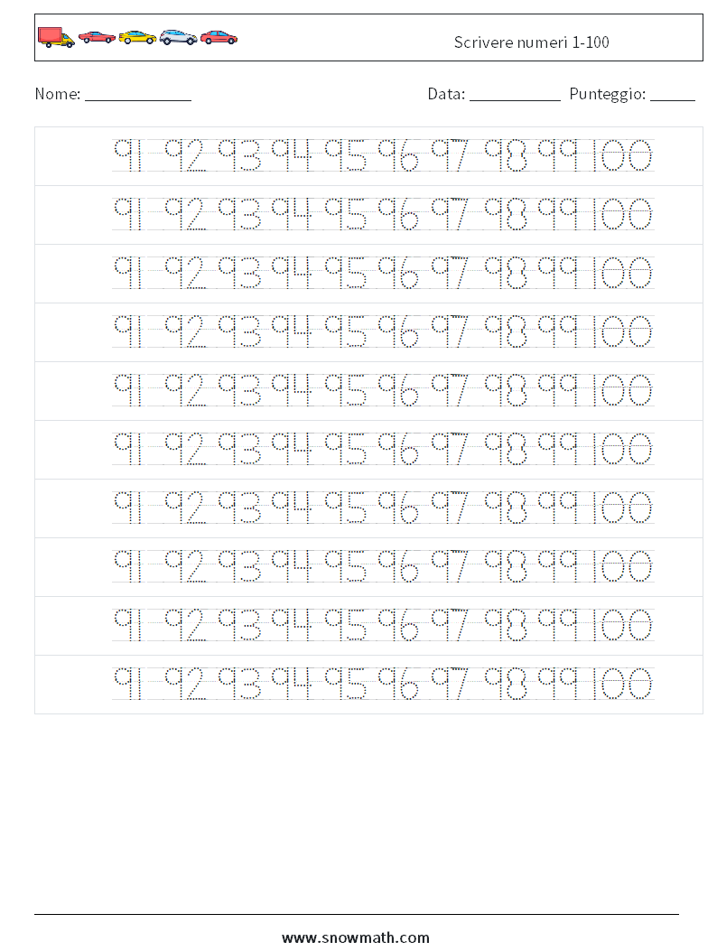 Scrivere numeri 1-100 Fogli di lavoro di matematica 40