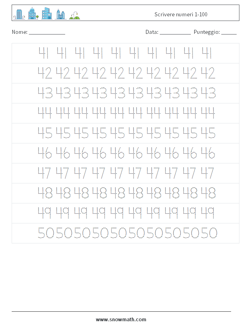 Scrivere numeri 1-100 Fogli di lavoro di matematica 9