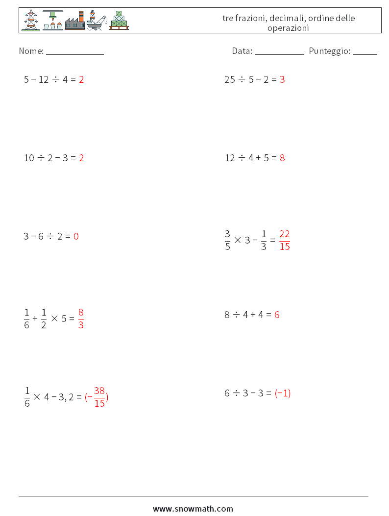 (10) tre frazioni, decimali, ordine delle operazioni Fogli di lavoro di matematica 10 Domanda, Risposta