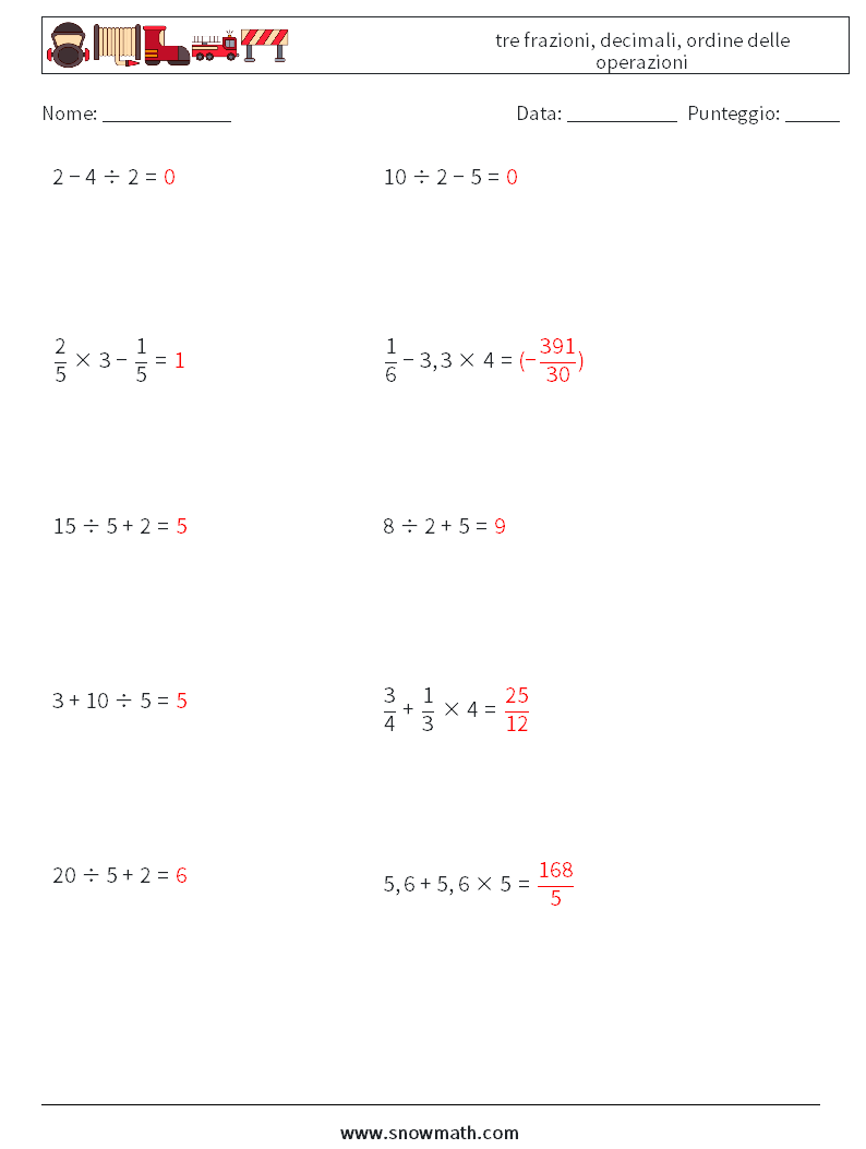 (10) tre frazioni, decimali, ordine delle operazioni Fogli di lavoro di matematica 11 Domanda, Risposta