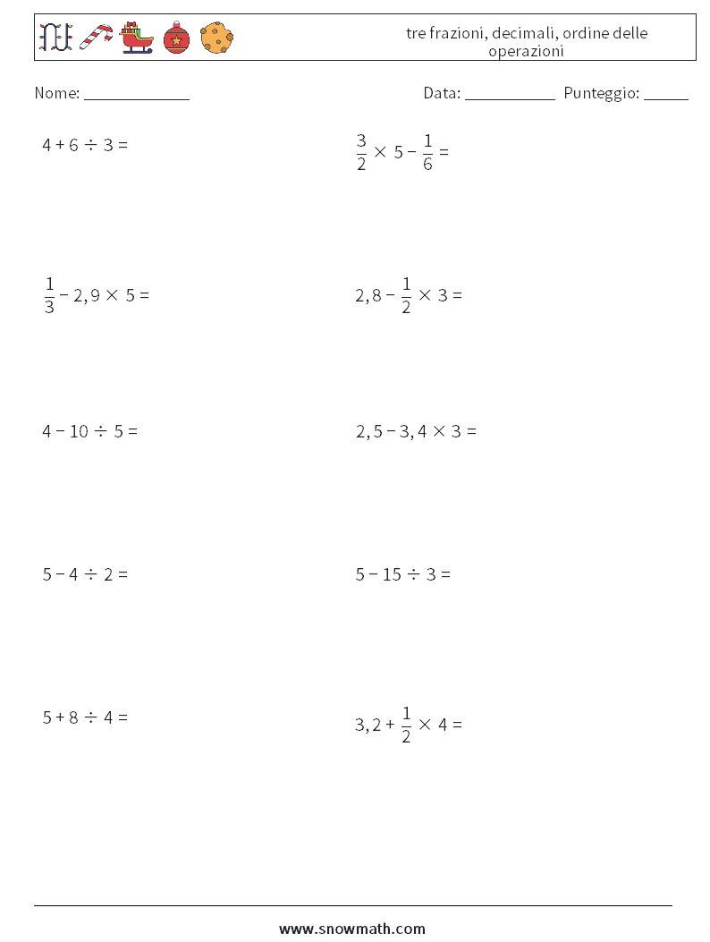 (10) tre frazioni, decimali, ordine delle operazioni Fogli di lavoro di matematica 13