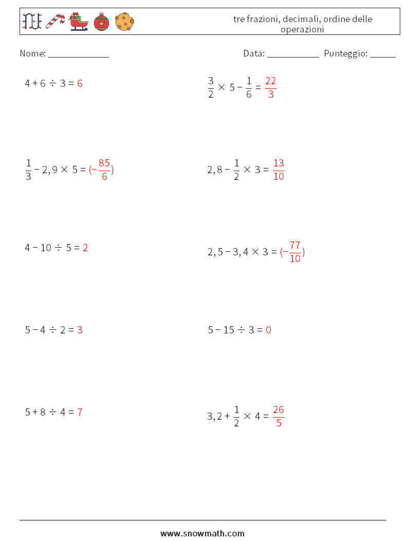 (10) tre frazioni, decimali, ordine delle operazioni Fogli di lavoro di matematica 13 Domanda, Risposta