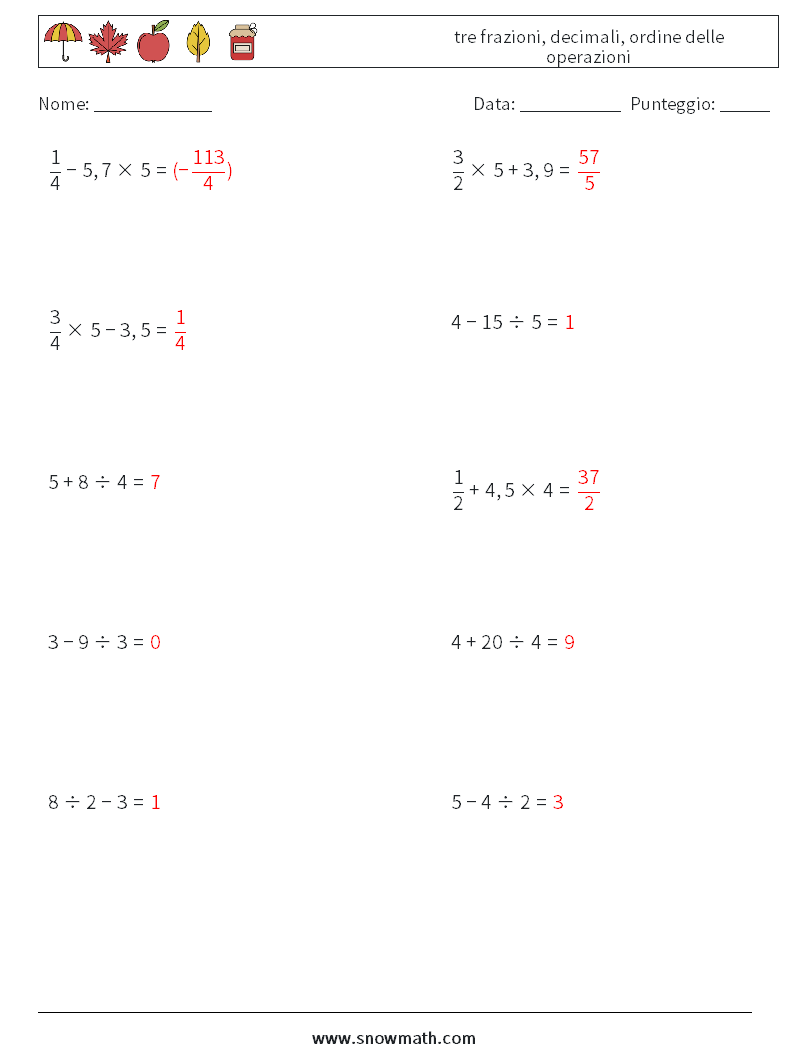 (10) tre frazioni, decimali, ordine delle operazioni Fogli di lavoro di matematica 14 Domanda, Risposta