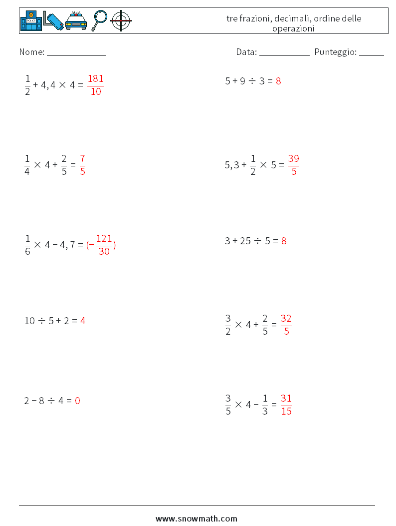 (10) tre frazioni, decimali, ordine delle operazioni Fogli di lavoro di matematica 15 Domanda, Risposta