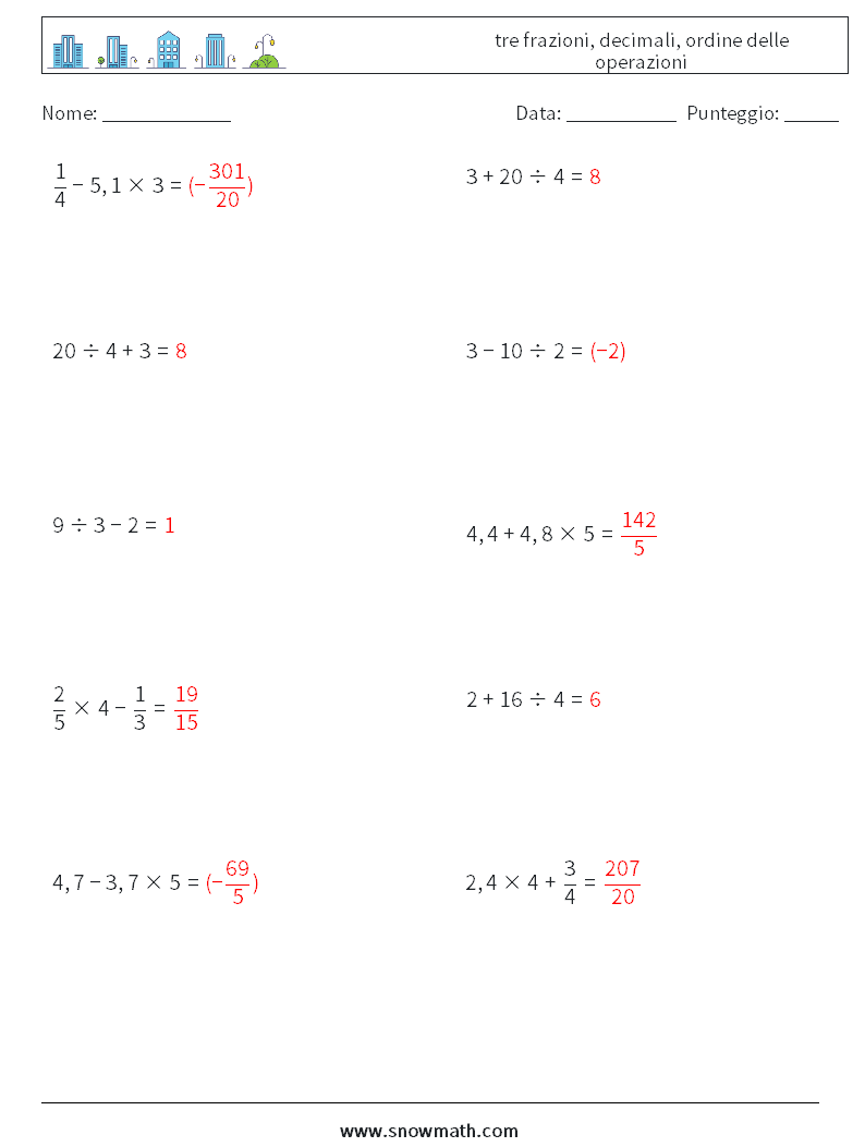 (10) tre frazioni, decimali, ordine delle operazioni Fogli di lavoro di matematica 17 Domanda, Risposta
