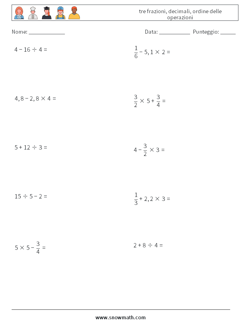 (10) tre frazioni, decimali, ordine delle operazioni Fogli di lavoro di matematica 18
