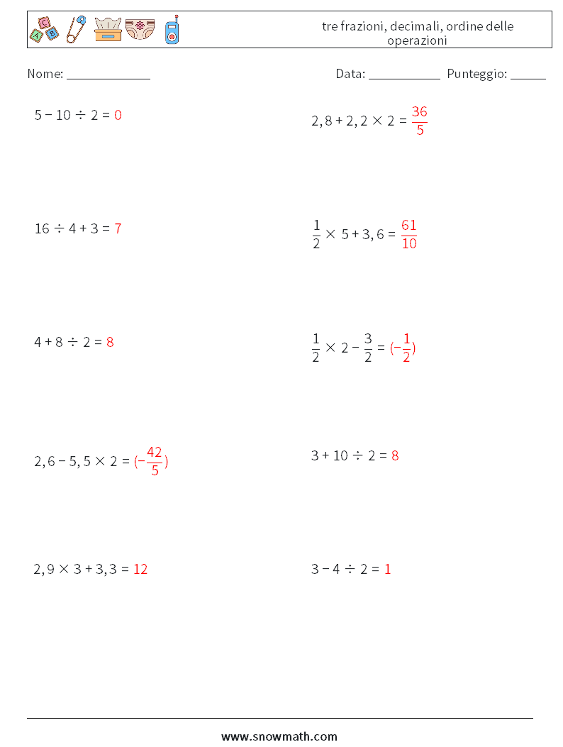 (10) tre frazioni, decimali, ordine delle operazioni Fogli di lavoro di matematica 2 Domanda, Risposta