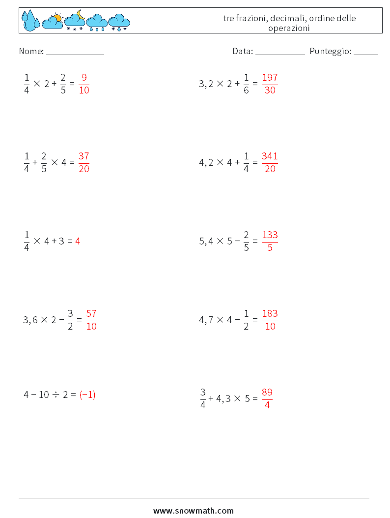 (10) tre frazioni, decimali, ordine delle operazioni Fogli di lavoro di matematica 9 Domanda, Risposta
