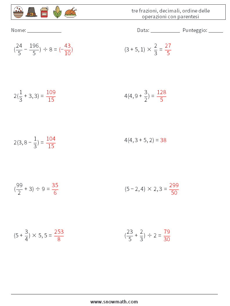 (10) tre frazioni, decimali, ordine delle operazioni con parentesi Fogli di lavoro di matematica 10 Domanda, Risposta