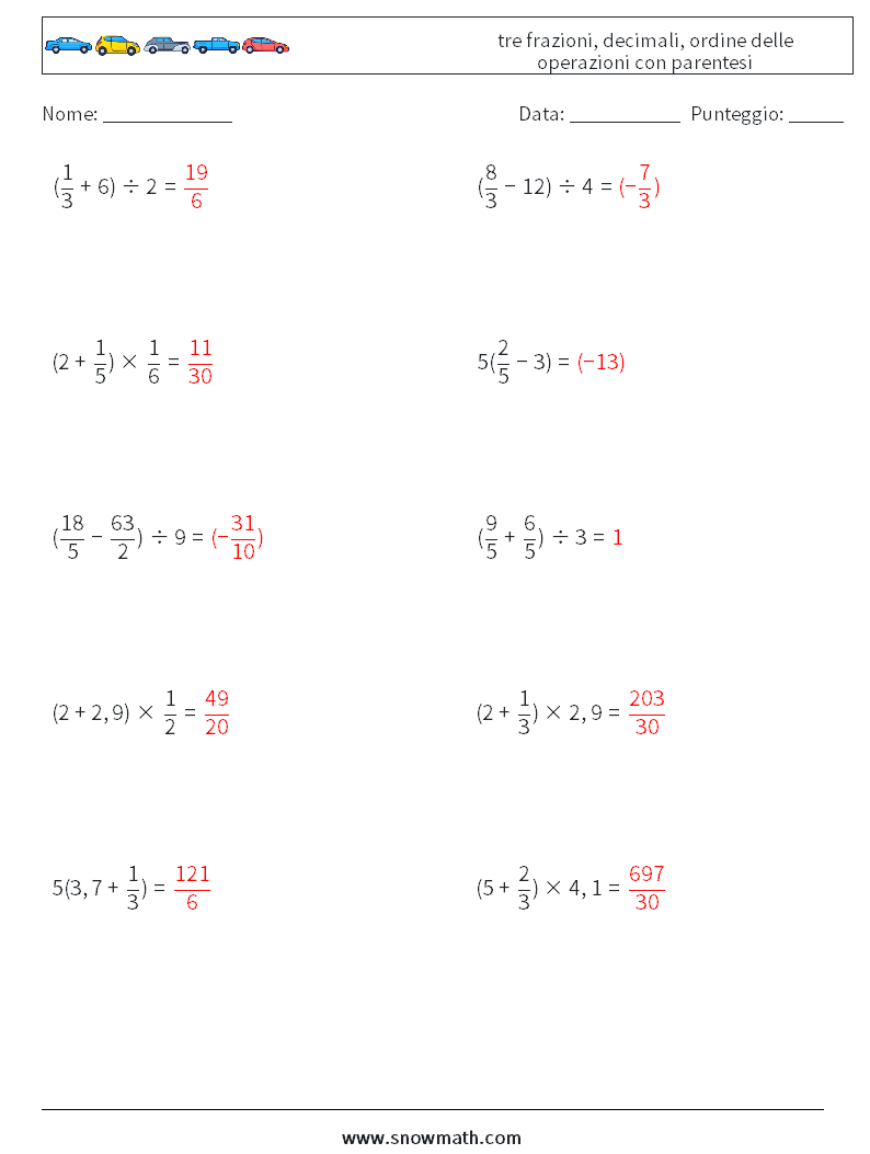 (10) tre frazioni, decimali, ordine delle operazioni con parentesi Fogli di lavoro di matematica 11 Domanda, Risposta