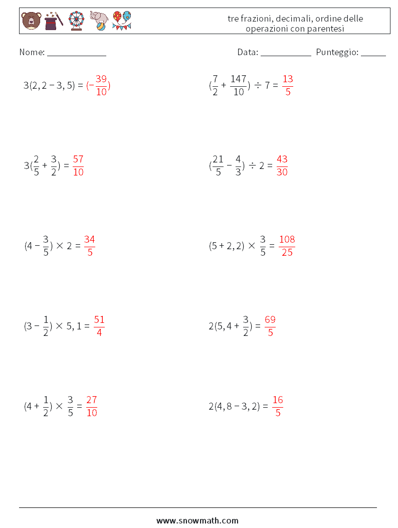 (10) tre frazioni, decimali, ordine delle operazioni con parentesi Fogli di lavoro di matematica 12 Domanda, Risposta
