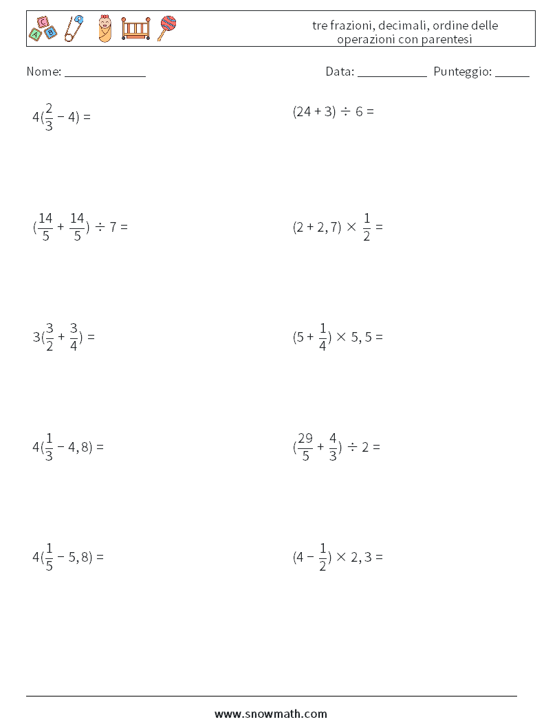 (10) tre frazioni, decimali, ordine delle operazioni con parentesi Fogli di lavoro di matematica 14