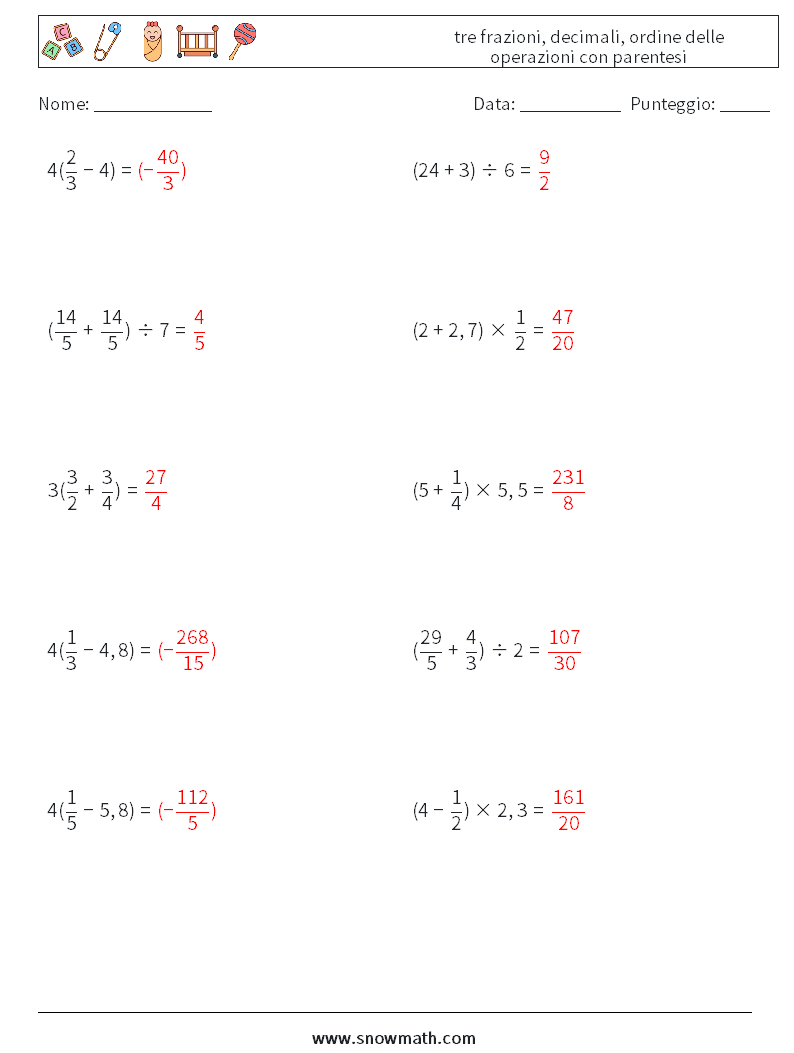 (10) tre frazioni, decimali, ordine delle operazioni con parentesi Fogli di lavoro di matematica 14 Domanda, Risposta