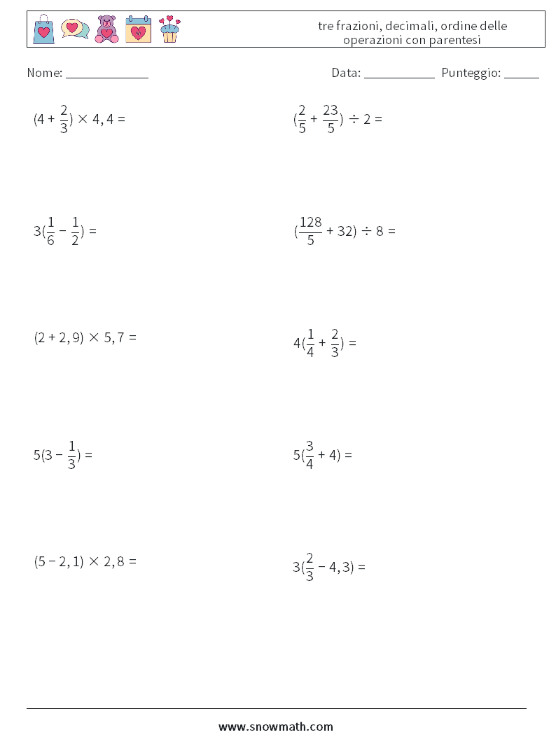 (10) tre frazioni, decimali, ordine delle operazioni con parentesi Fogli di lavoro di matematica 15