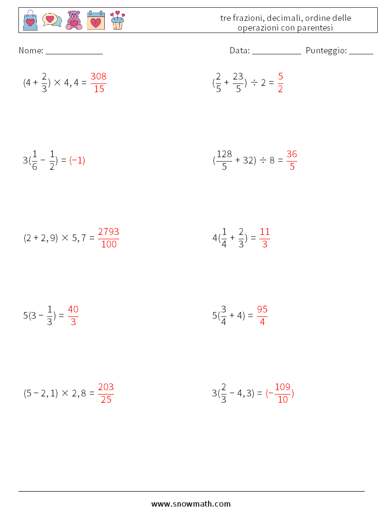 (10) tre frazioni, decimali, ordine delle operazioni con parentesi Fogli di lavoro di matematica 15 Domanda, Risposta