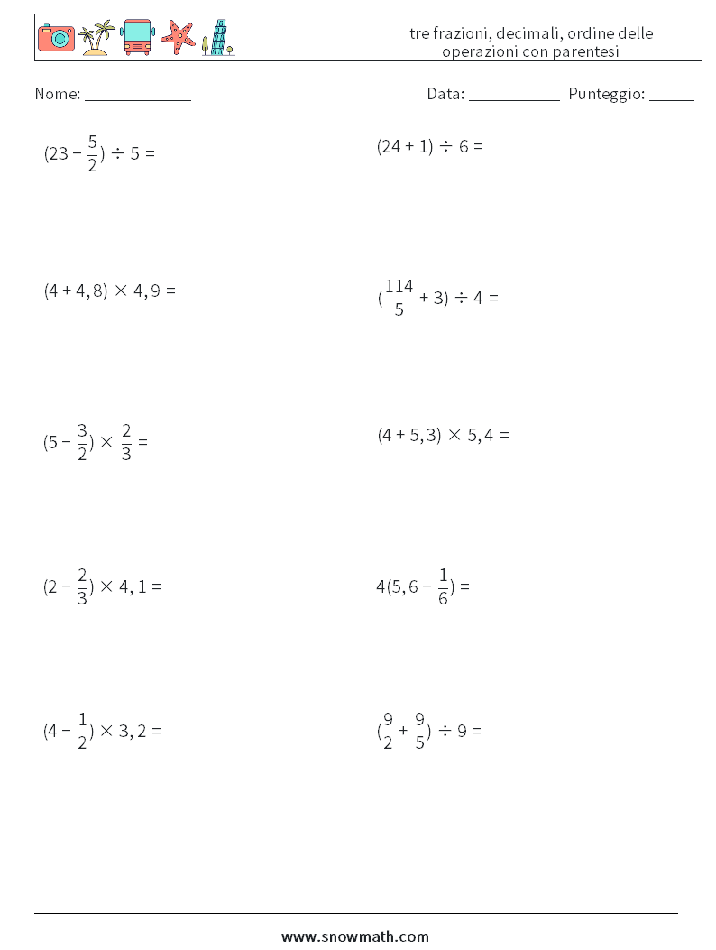 (10) tre frazioni, decimali, ordine delle operazioni con parentesi Fogli di lavoro di matematica 17