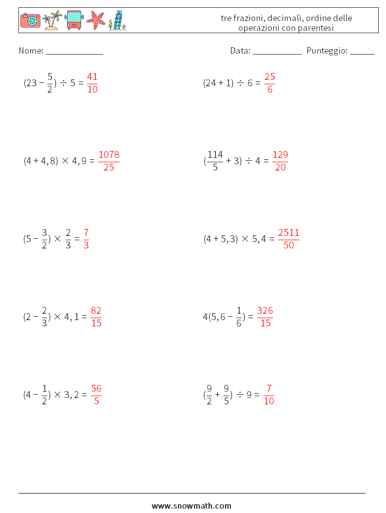 (10) tre frazioni, decimali, ordine delle operazioni con parentesi Fogli di lavoro di matematica 17 Domanda, Risposta