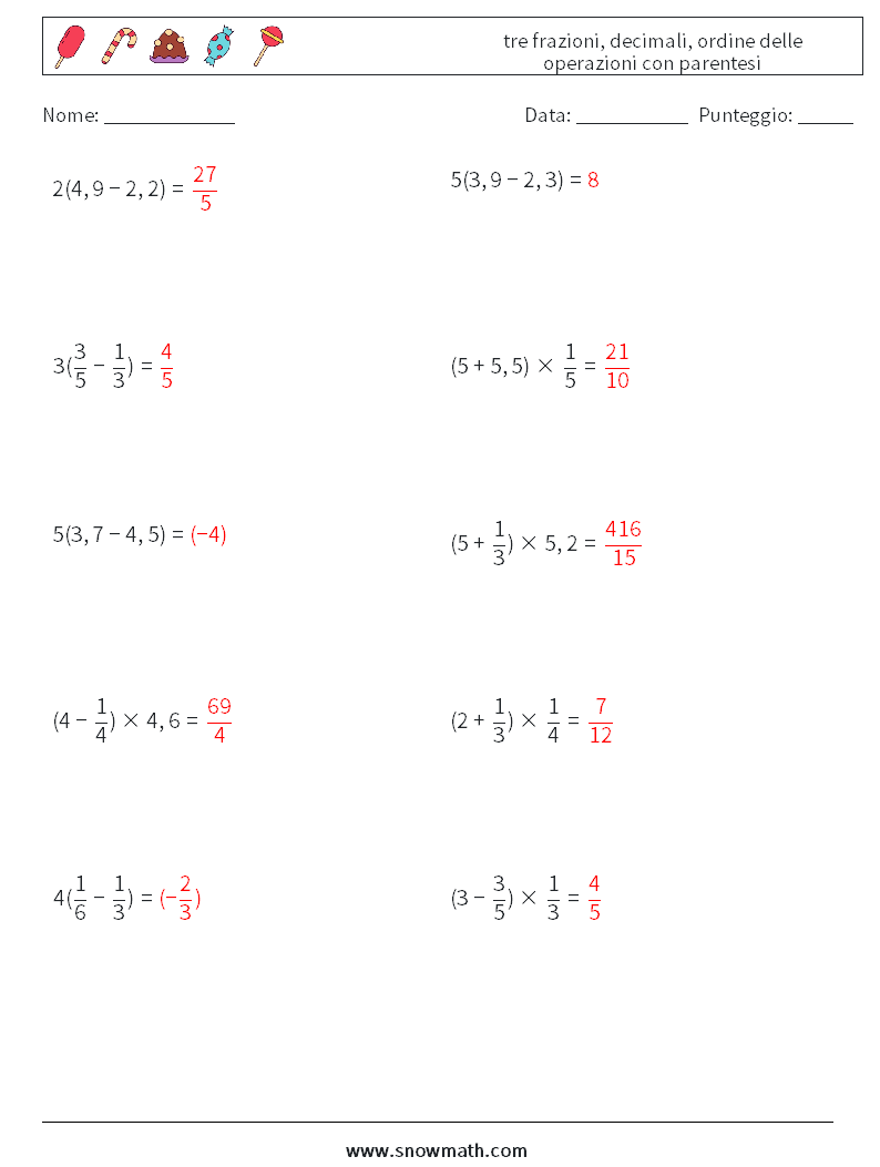 (10) tre frazioni, decimali, ordine delle operazioni con parentesi Fogli di lavoro di matematica 18 Domanda, Risposta