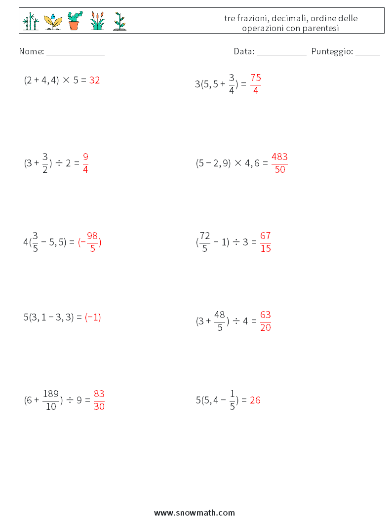 (10) tre frazioni, decimali, ordine delle operazioni con parentesi Fogli di lavoro di matematica 9 Domanda, Risposta