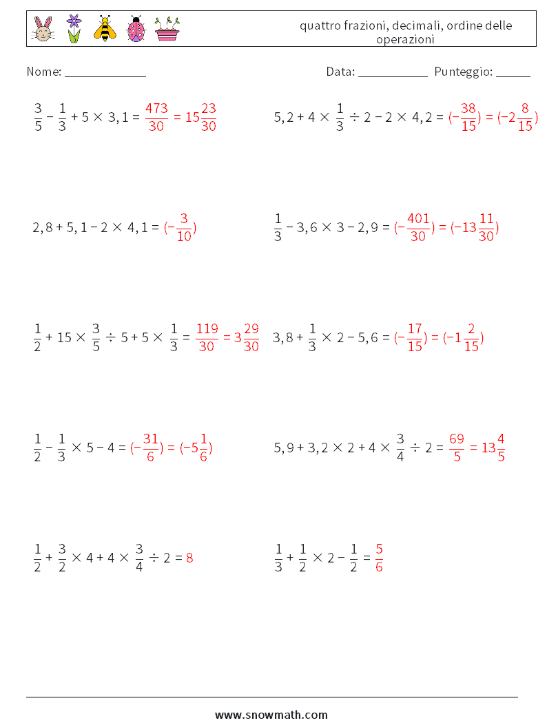 (10) quattro frazioni, decimali, ordine delle operazioni Fogli di lavoro di matematica 10 Domanda, Risposta