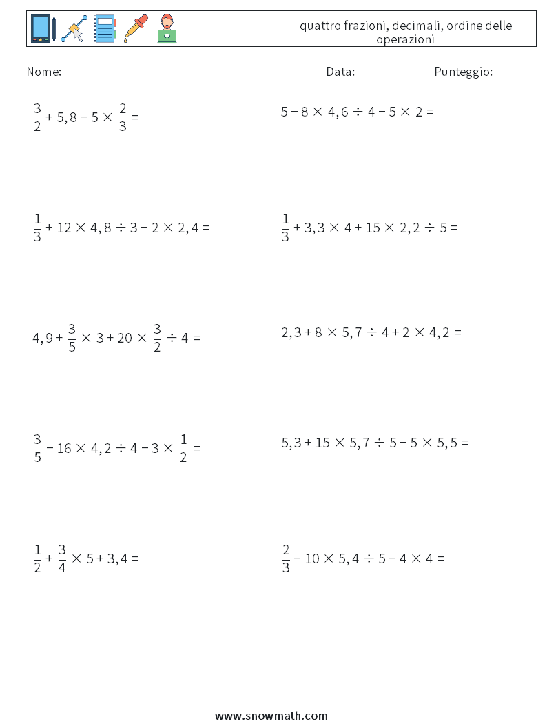 (10) quattro frazioni, decimali, ordine delle operazioni Fogli di lavoro di matematica 11