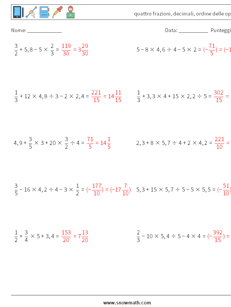 (10) quattro frazioni, decimali, ordine delle operazioni Fogli di lavoro di matematica 11 Domanda, Risposta