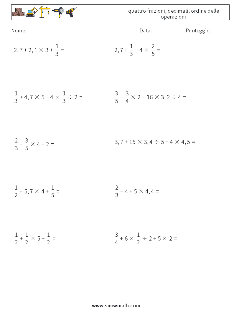 (10) quattro frazioni, decimali, ordine delle operazioni Fogli di lavoro di matematica 12