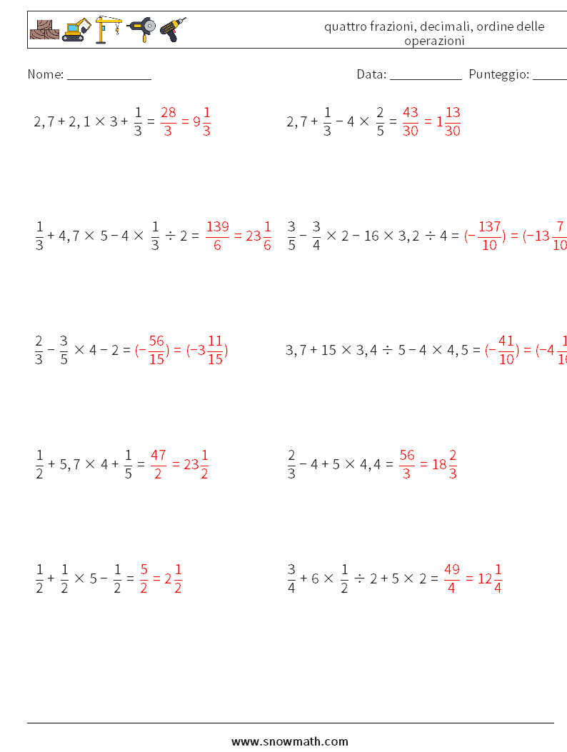 (10) quattro frazioni, decimali, ordine delle operazioni Fogli di lavoro di matematica 12 Domanda, Risposta