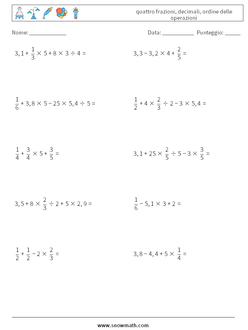 (10) quattro frazioni, decimali, ordine delle operazioni Fogli di lavoro di matematica 13
