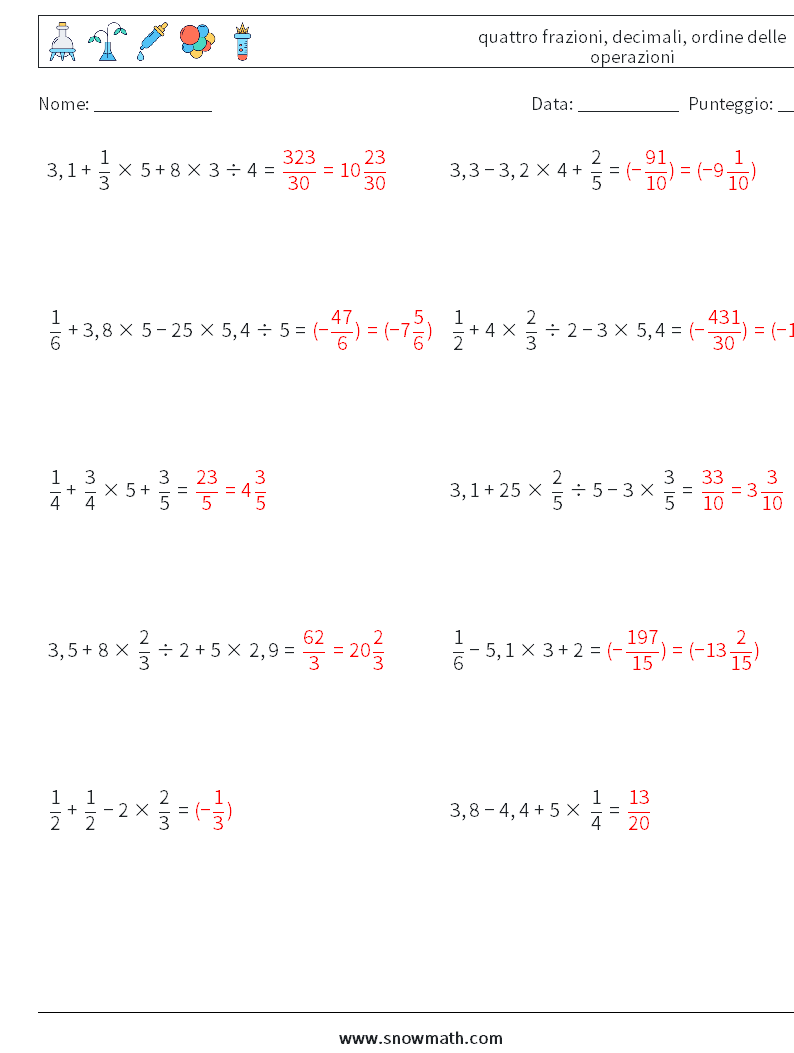 (10) quattro frazioni, decimali, ordine delle operazioni Fogli di lavoro di matematica 13 Domanda, Risposta