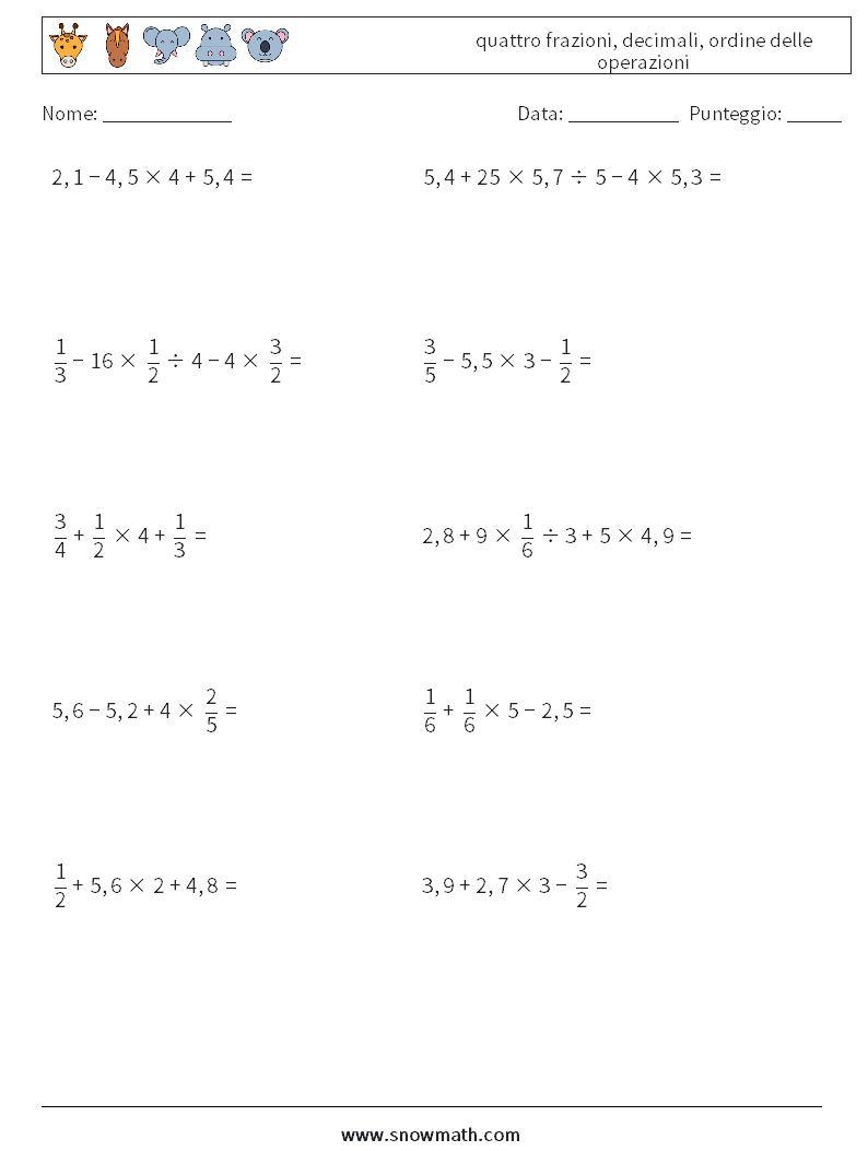 (10) quattro frazioni, decimali, ordine delle operazioni Fogli di lavoro di matematica 14