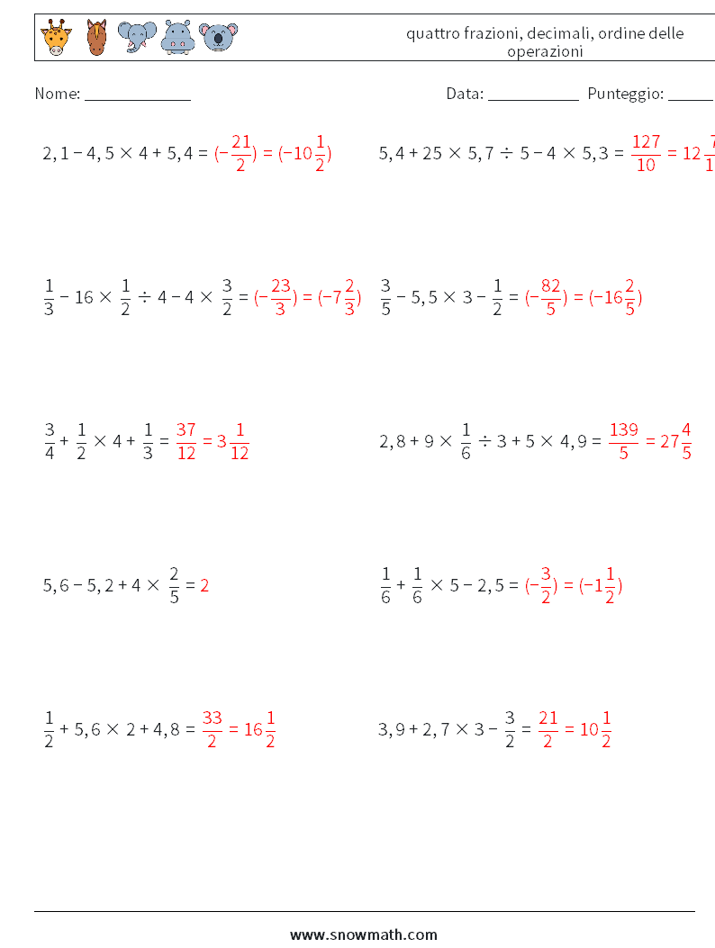 (10) quattro frazioni, decimali, ordine delle operazioni Fogli di lavoro di matematica 14 Domanda, Risposta