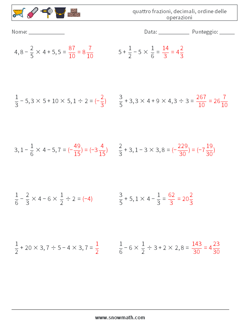 (10) quattro frazioni, decimali, ordine delle operazioni Fogli di lavoro di matematica 15 Domanda, Risposta