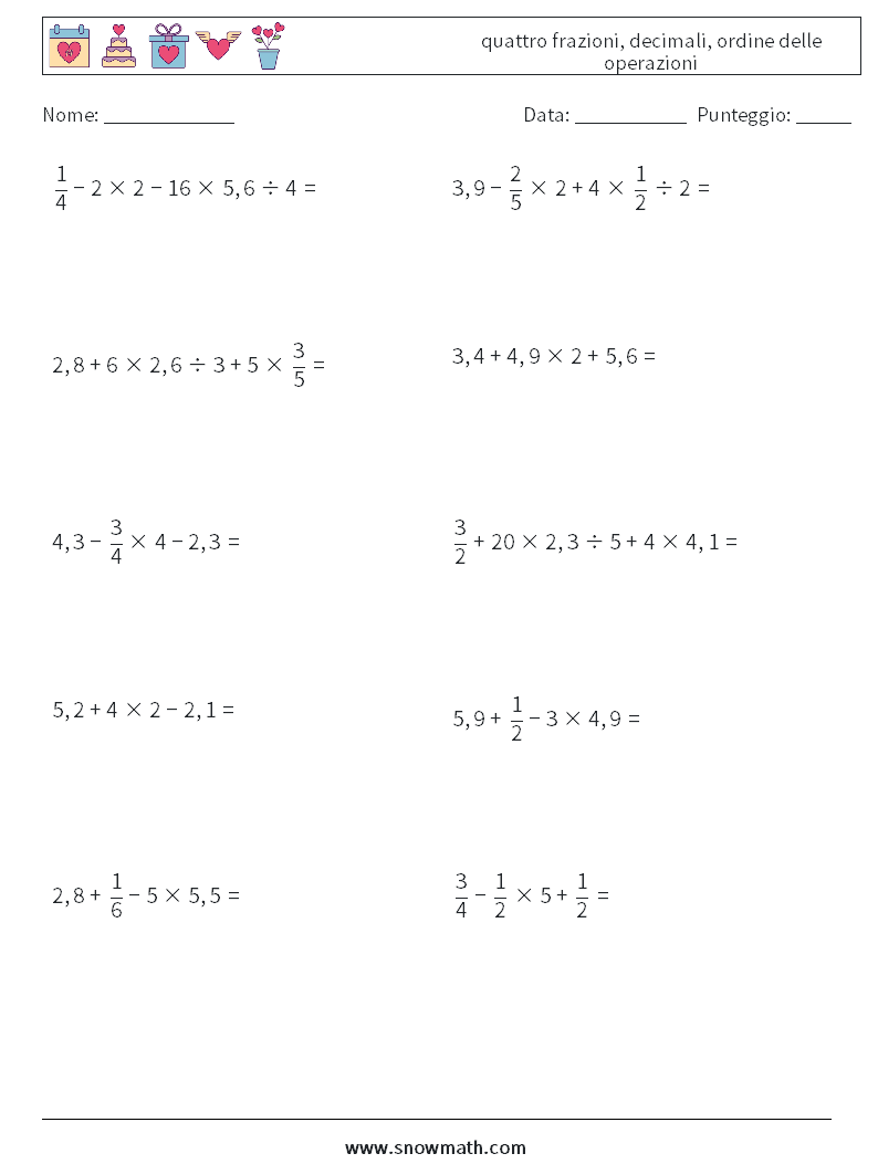 (10) quattro frazioni, decimali, ordine delle operazioni Fogli di lavoro di matematica 16