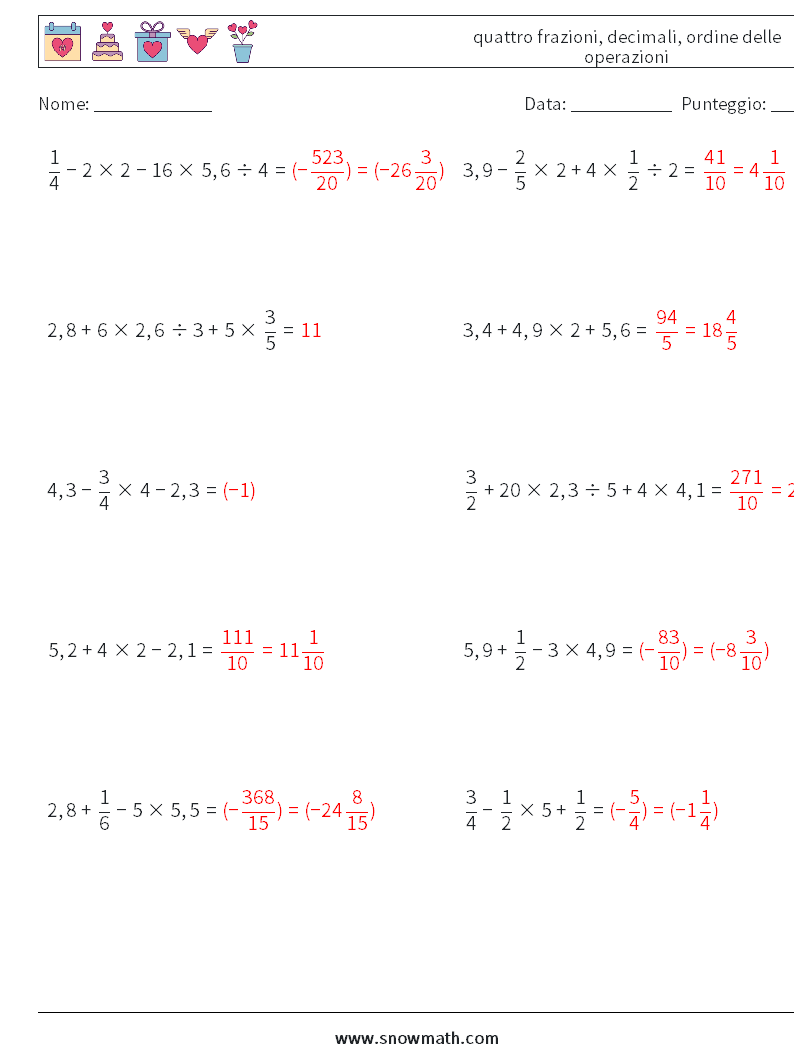 (10) quattro frazioni, decimali, ordine delle operazioni Fogli di lavoro di matematica 16 Domanda, Risposta