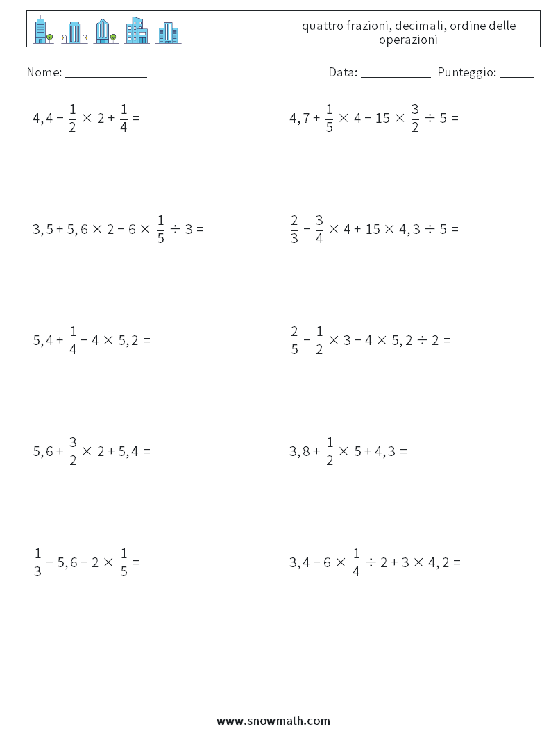 (10) quattro frazioni, decimali, ordine delle operazioni Fogli di lavoro di matematica 17