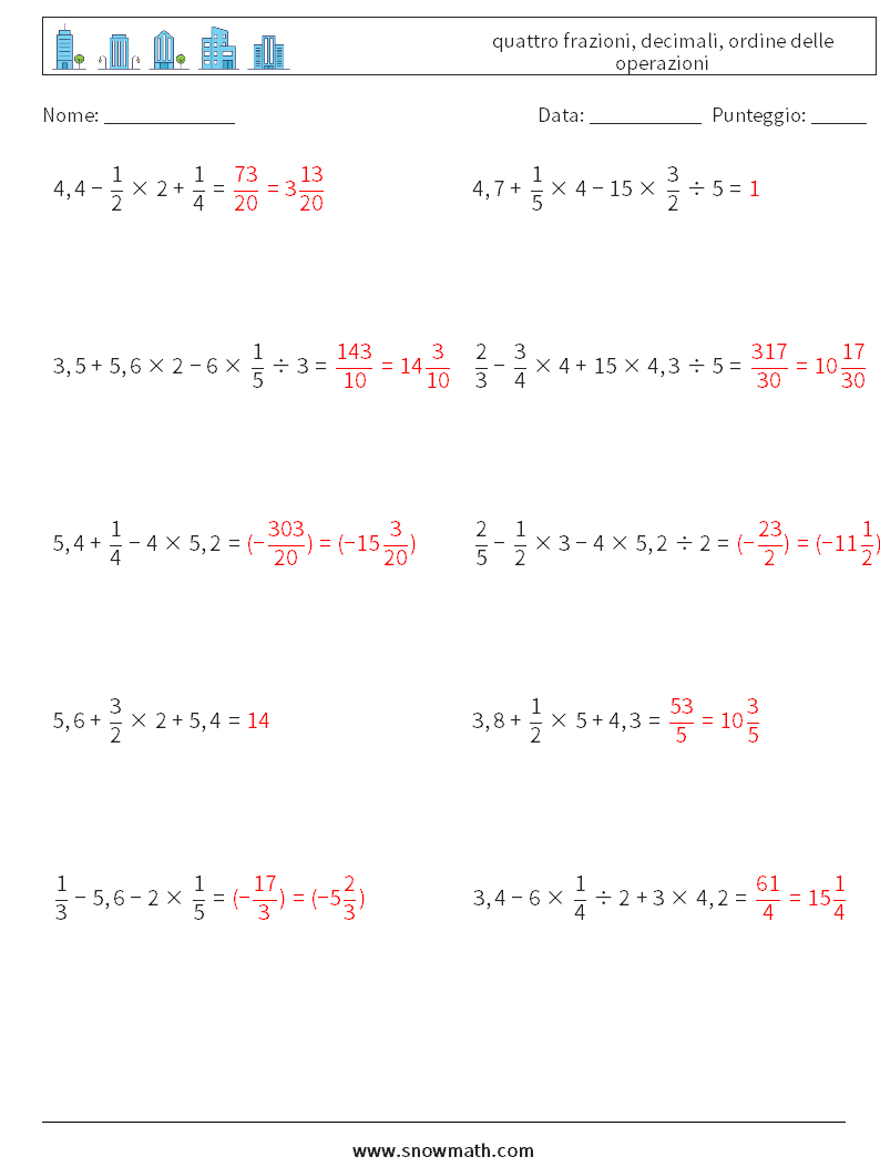(10) quattro frazioni, decimali, ordine delle operazioni Fogli di lavoro di matematica 17 Domanda, Risposta