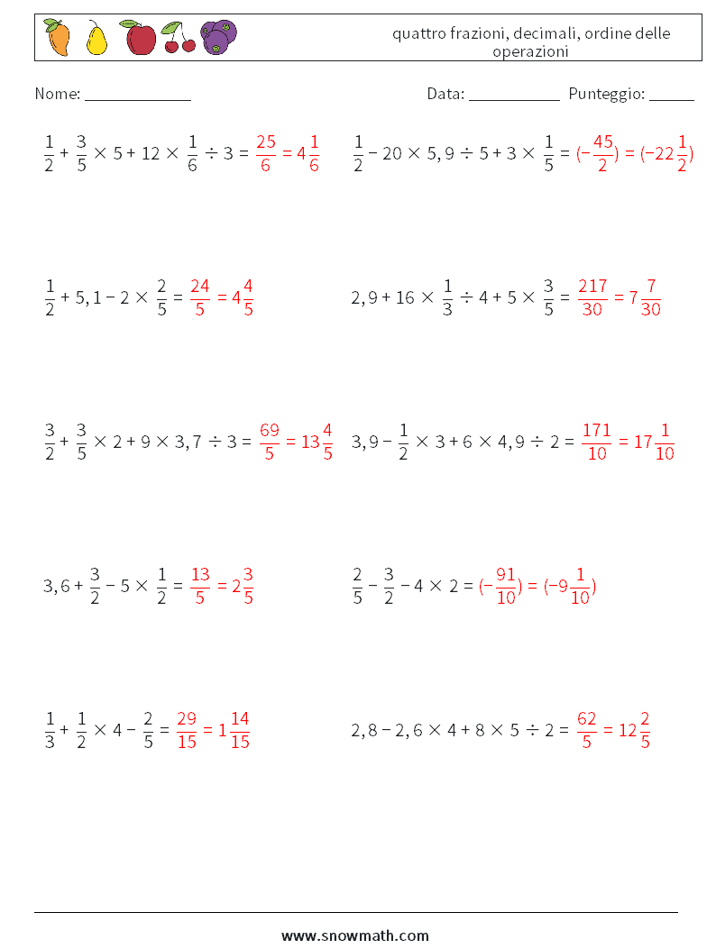 (10) quattro frazioni, decimali, ordine delle operazioni Fogli di lavoro di matematica 18 Domanda, Risposta